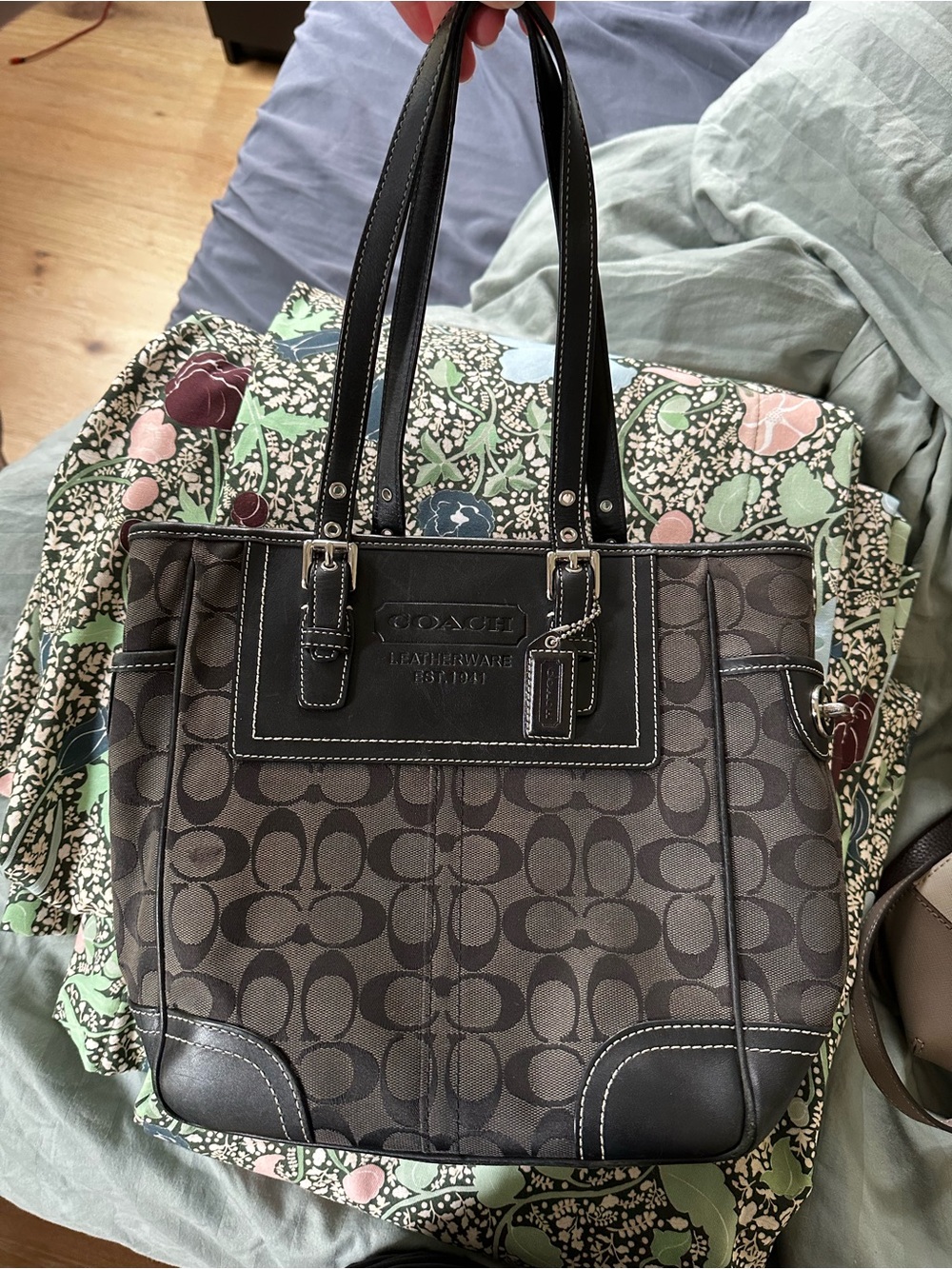 Coach Black and Brown Signature Shoulder Tote